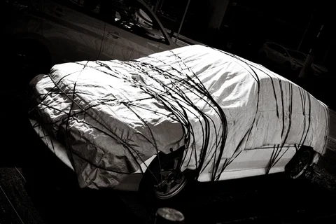 Branch shadows streak a white cover draped over a parked car in black and white.