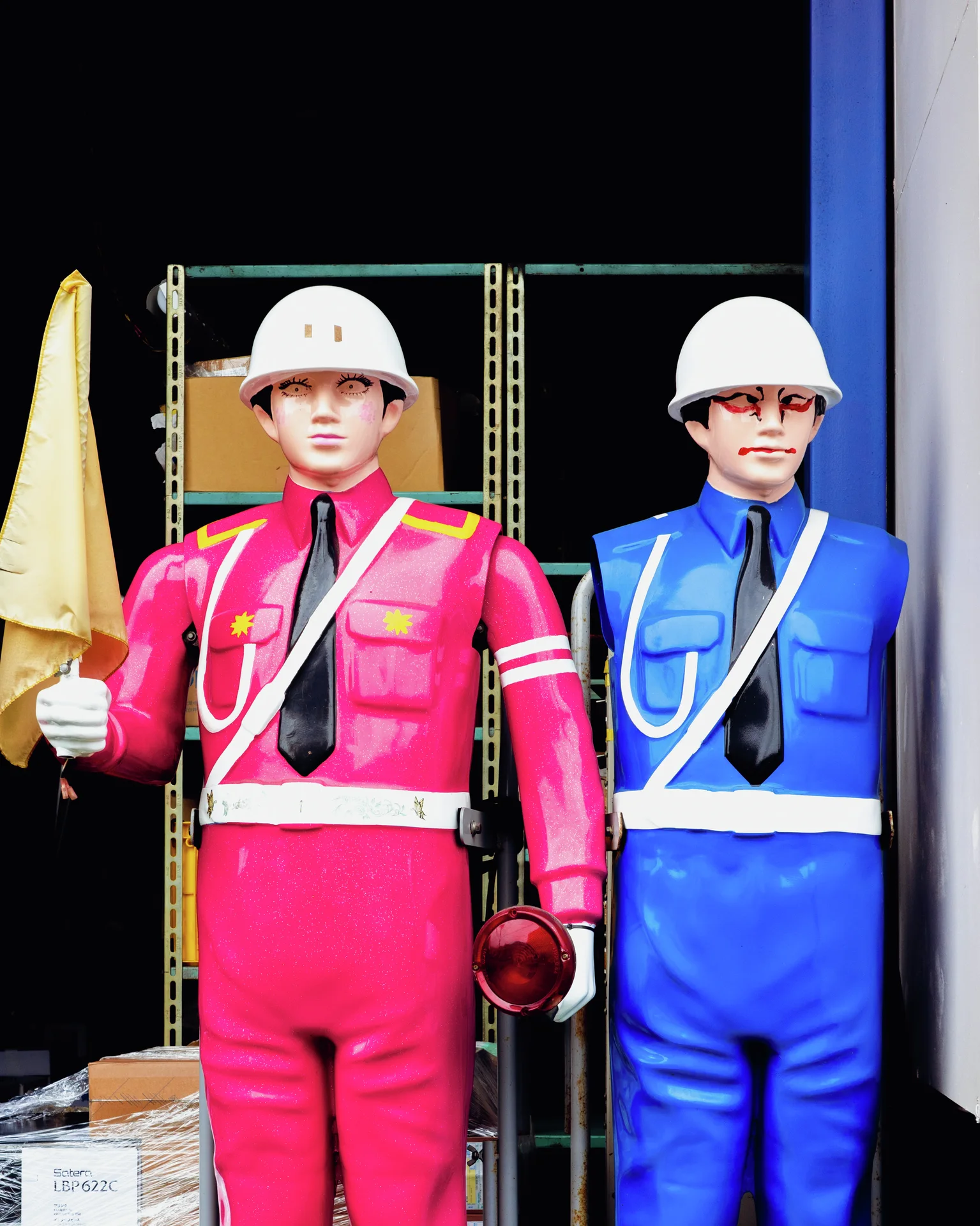 Two mannequins wear pink and blue uniforms with white hard hats and reflective straps.