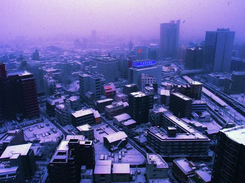 Purple-toned city buildings and snowy rooftops stretch toward tall distant towers fading into haze.