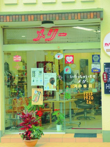 A glass shop entrance displays colorful notices and red Japanese lettering above a pot of red flowers.