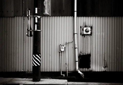 A utility pole stands before corrugated metal siding crossed by pipes and meters in black and white.