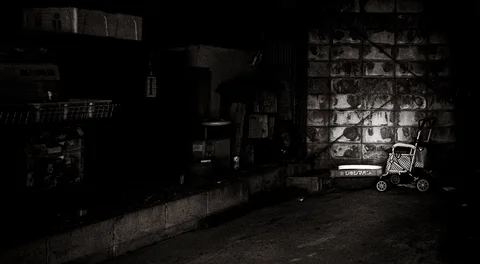 A small wheeled shopping trolley stands beside a sunlit block wall in a deeply shadowed passage.