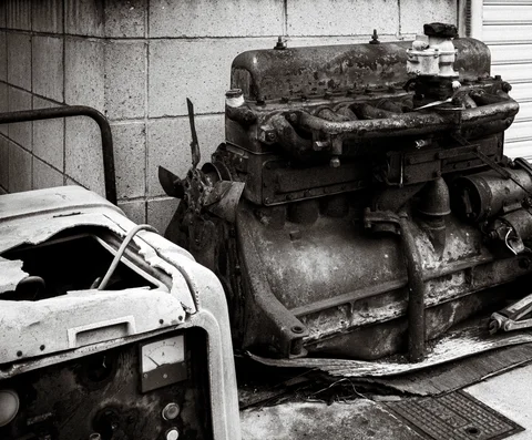 A bulky worn engine sits beside damaged machinery against a block wall in black and white.