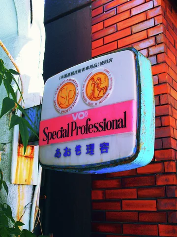 A rounded pale sign with gold emblems and a pink lettering band hangs beside red brickwork.