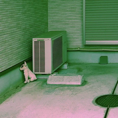 A pale cat ornament sits beside an outdoor air conditioner in a green-toned corner.