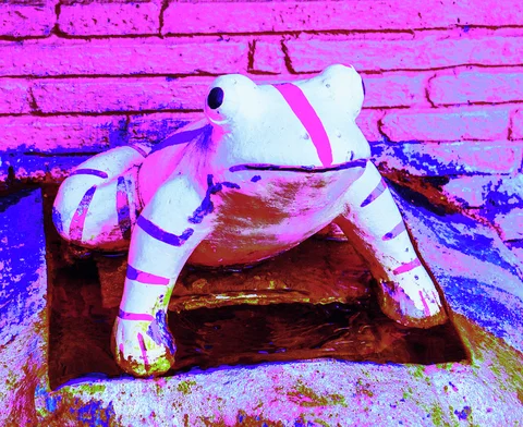 A white frog sculpture with purple stripes crouches on a dark base before a pink brick wall.
