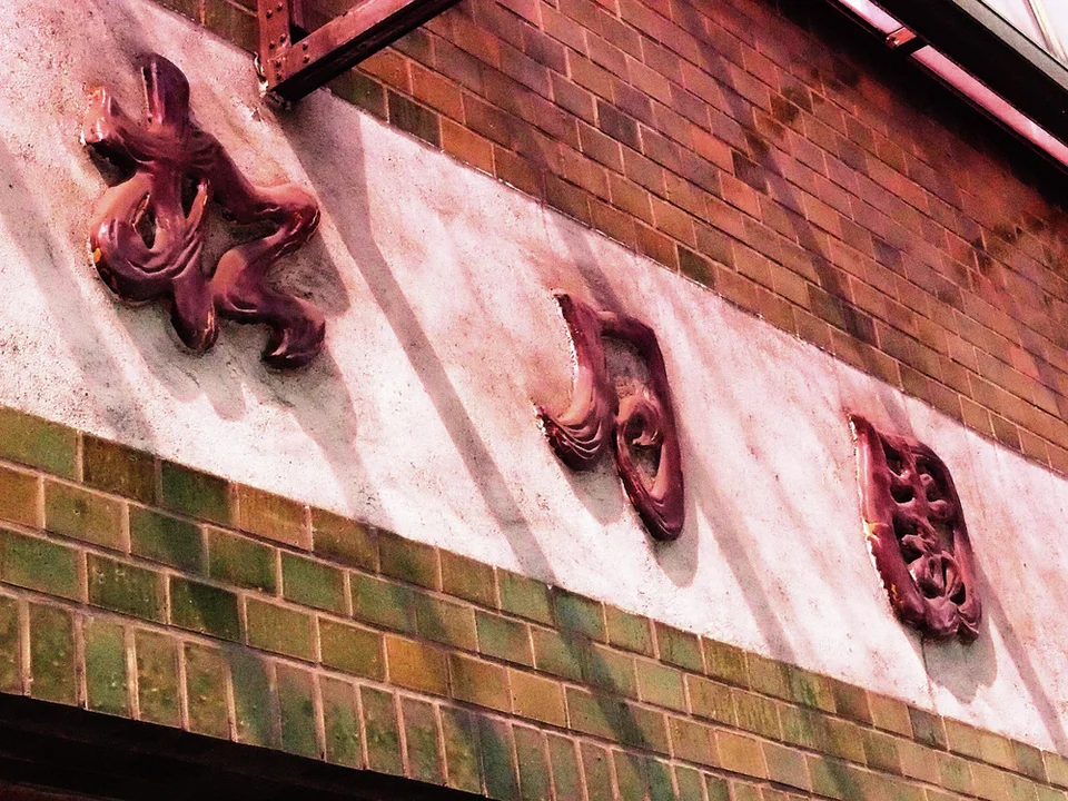 Raised reddish characters line a pale diagonal band across a weathered brick wall.