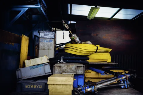 Coiled yellow hoses, metal pipes and plastic containers crowd a dark storage space beneath fluorescent lights.