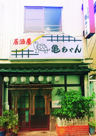 A turtle illustration decorates the sign above a small restaurant entrance framed by plants and lanterns.