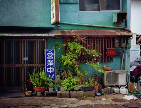 Potted plants crowd the entrance of a turquoise building beneath barred windows and a rusty awning.