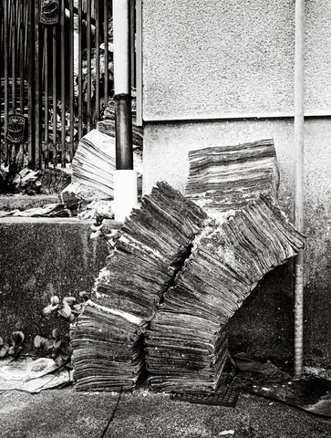 Tall uneven stacks of thin boards lean against a rough exterior wall in black and white.