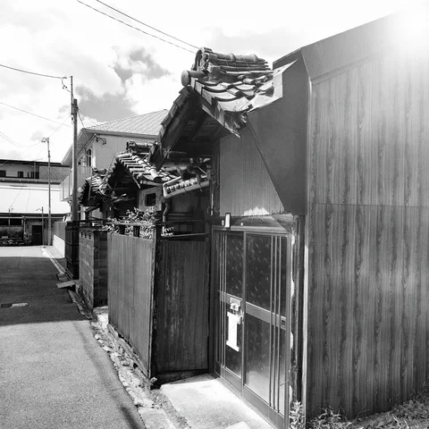 Decorative tiled roof edges rise above a tall wooden street wall and closed metal gate.