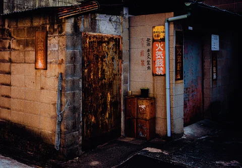 Rusty metal doors and warning signs punctuate stained concrete walls at a dim industrial corner.