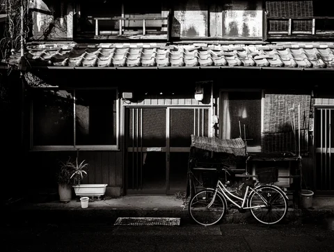 A bicycle stands outside a worn house with a tiled awning and plant pots in black and white.