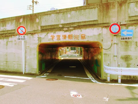 A low concrete underpass frames a narrow road beneath traffic restriction signs and stained walls.