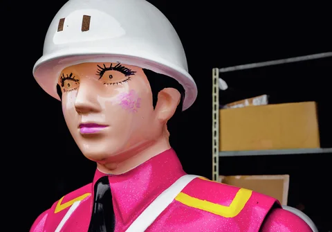 A mannequin wears a white hard hat and vivid pink uniform with yellow trim.