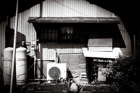 A cylindrical tank and air conditioner stand outside a corrugated house with deep awning shadows in black and white.