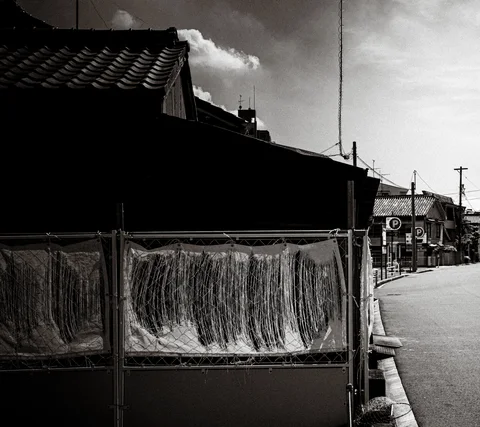 A scratched translucent fence borders a narrow road beside tiled-roof houses in black and white.