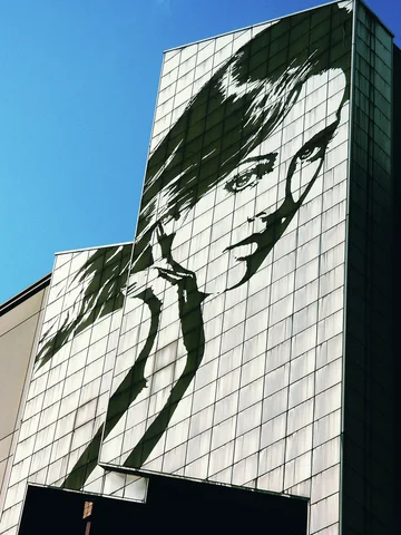 A black illustrated woman's face covers a tall pale tiled facade against a clear blue sky.