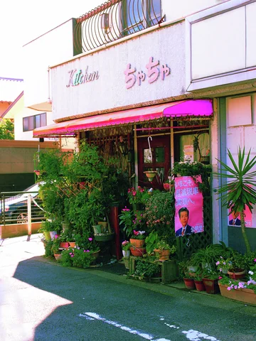Dense potted plants surround a small storefront beneath a faded pink awning and pale signs.