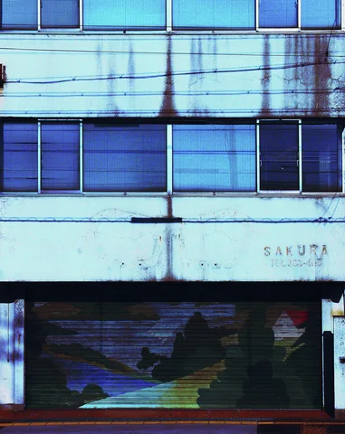 Dark rust streaks descend between upper windows above a closed shutter painted with abstract colored shapes.