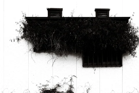 Dense trailing vines cover a small building's roof edge above a dark window and white wall.
