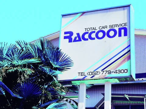 A white Raccoon car-service sign rises above palm fronds beside a low industrial building.