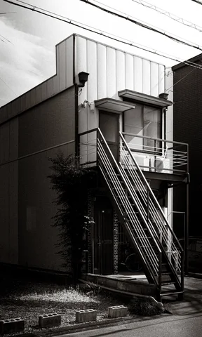A steep exterior metal staircase climbs a narrow building beside a grassy vacant plot in black and white.