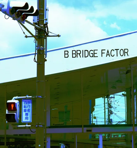 Black B BRIDGE FACTOR lettering spans a pale roof edge behind a utility pole and mounted loudspeakers.