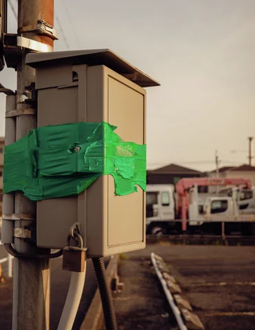 Green tape wraps around a pale utility cabinet mounted on a pole beside railway tracks.