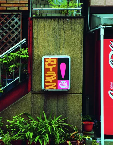 A small colorful sign with an exclamation mark hangs above plants on a concrete column.