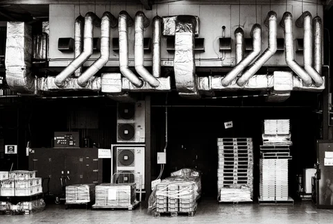 Rows of bent ventilation ducts line an industrial facade above stacked pallets and containers in black and white.