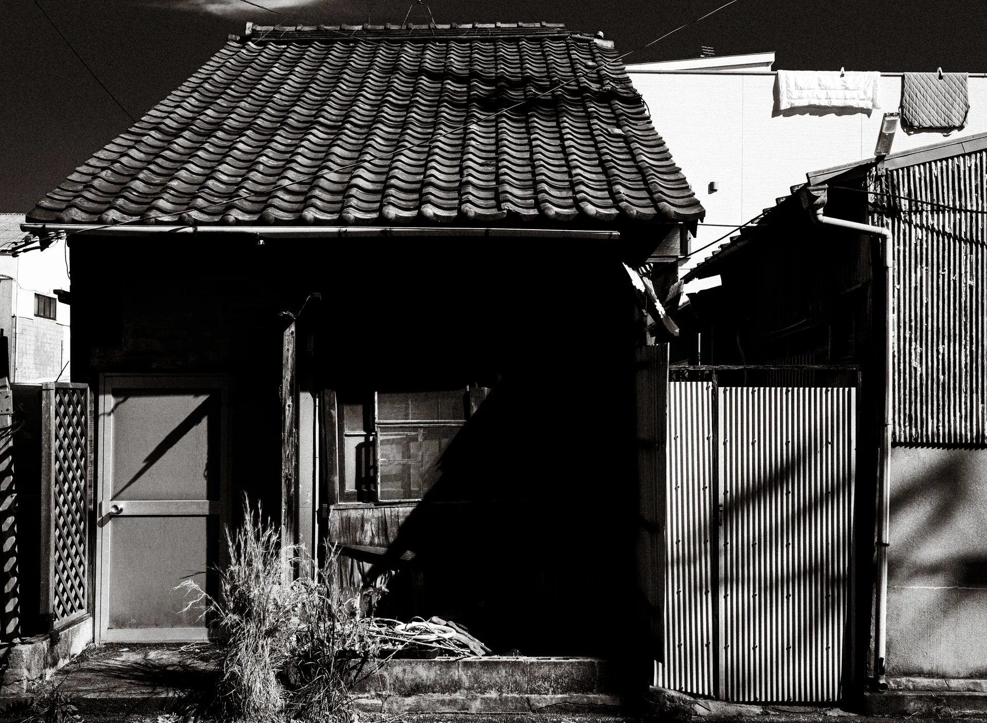 A small tiled-roof house has a deeply shadowed entrance and overgrown steps in monochrome.