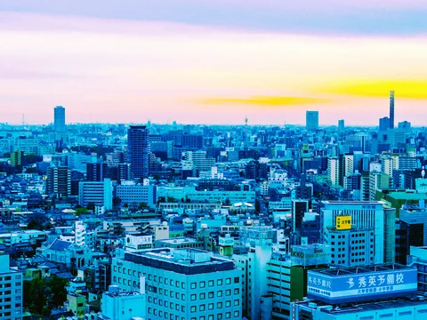 Dense blue-toned city buildings extend beneath a pink sky with a yellow band near the horizon.