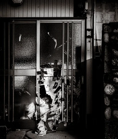 Torn pale covering hangs before textured glass doors and vertical metal bars in black and white.