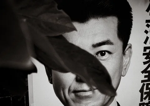 Dark leaves obscure part of a man's printed portrait beside vertical lettering in black and white.