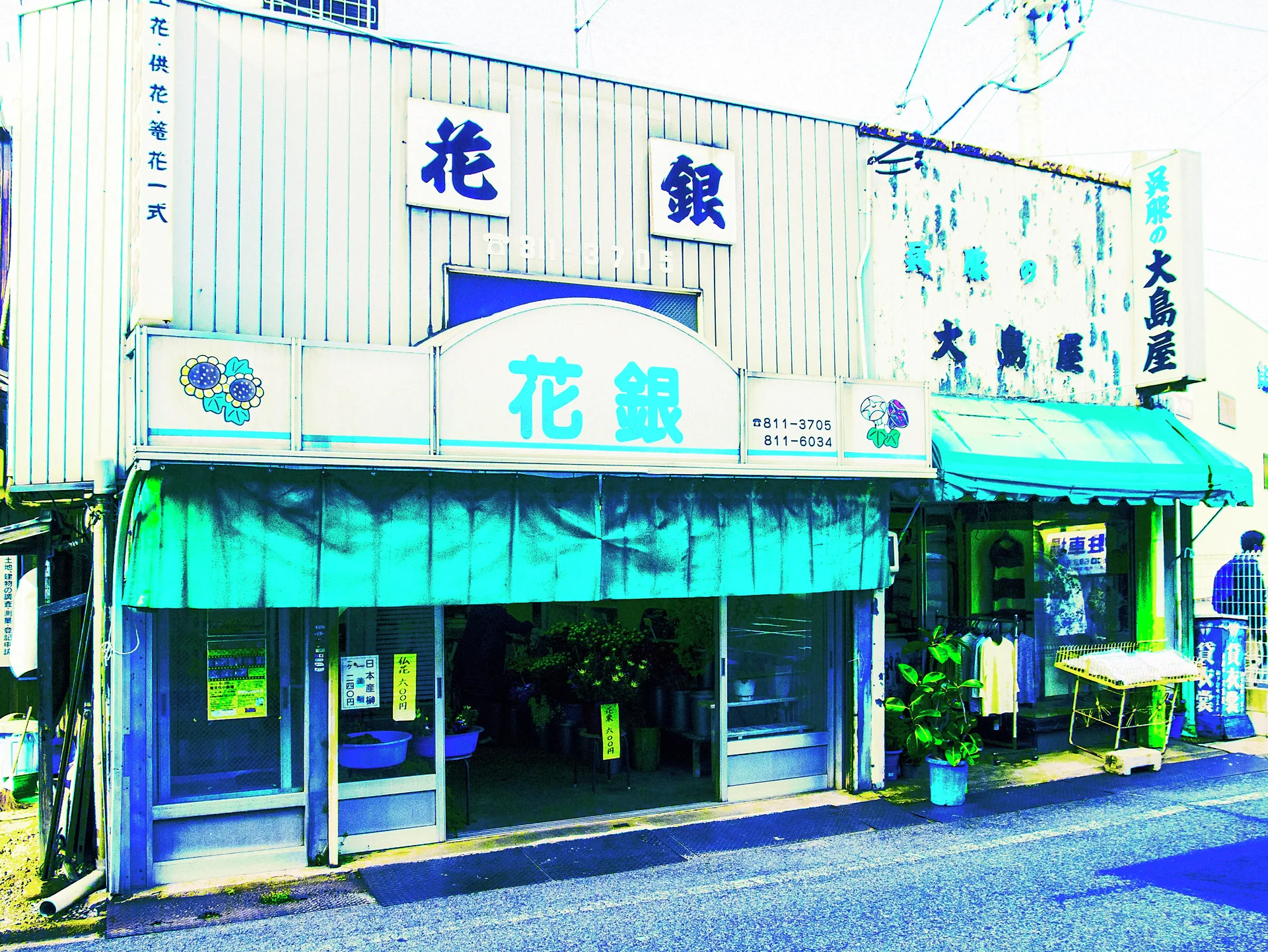 Turquoise awnings shade adjoining shopfronts beneath pale corrugated siding and raised blue characters.