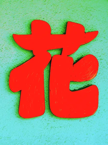 A bold red raised character casts a dark shadow on a turquoise textured wall.
