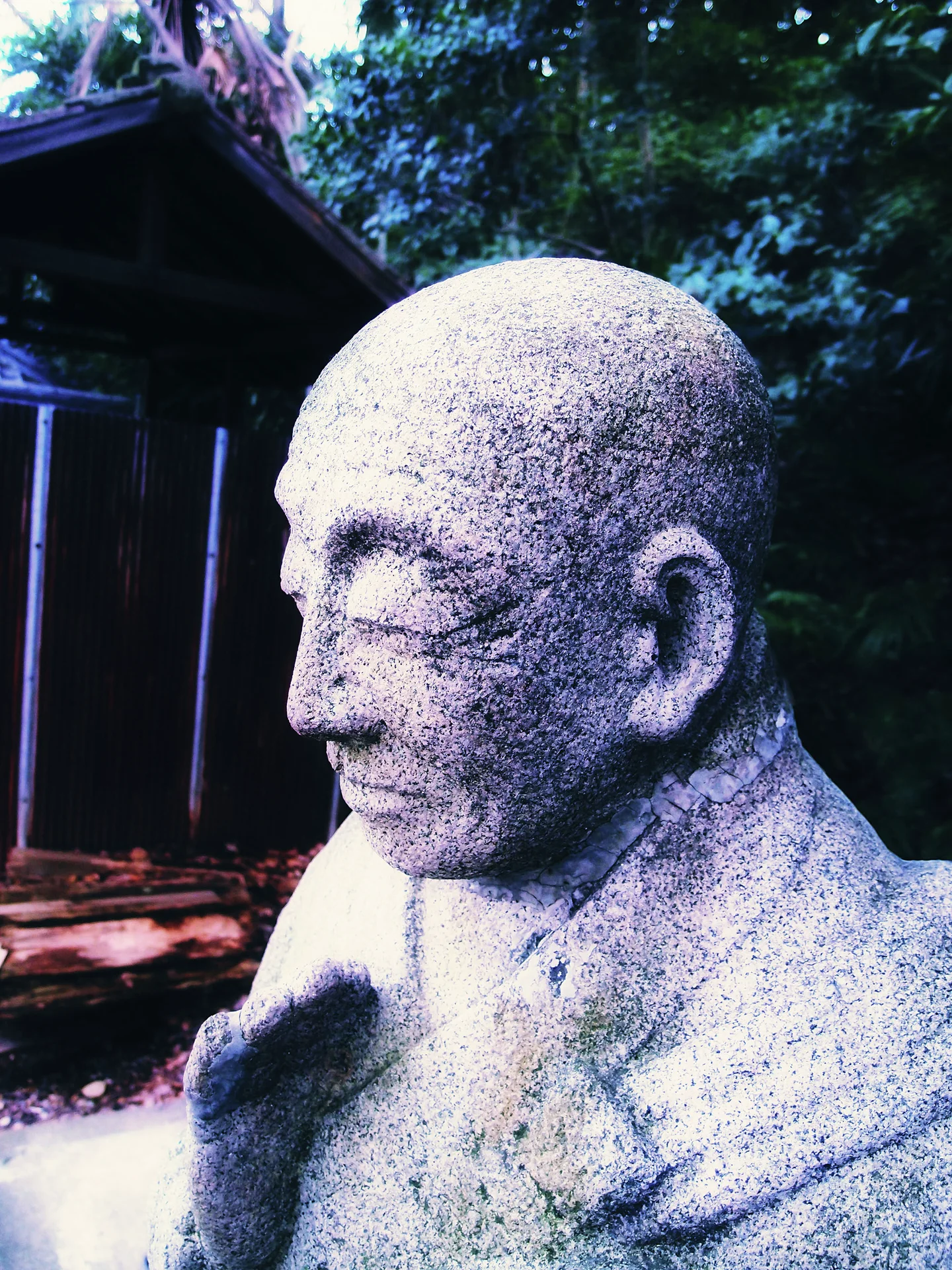 A weathered stone figure's bald head and calm face stand before a dark wooden structure and trees.