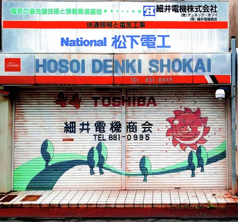 A painted red flower and green branch decorate closed shop shutters beneath stacked appliance-company signs.