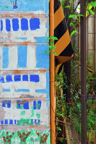 Faded blue painted blocks cover a peeling pale wall beside a yellow and black striped post and vines.