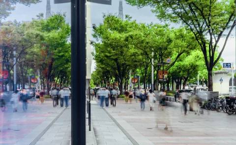 Blurred pedestrians fill a broad tree-lined sidewalk divided by a dark vertical window frame.