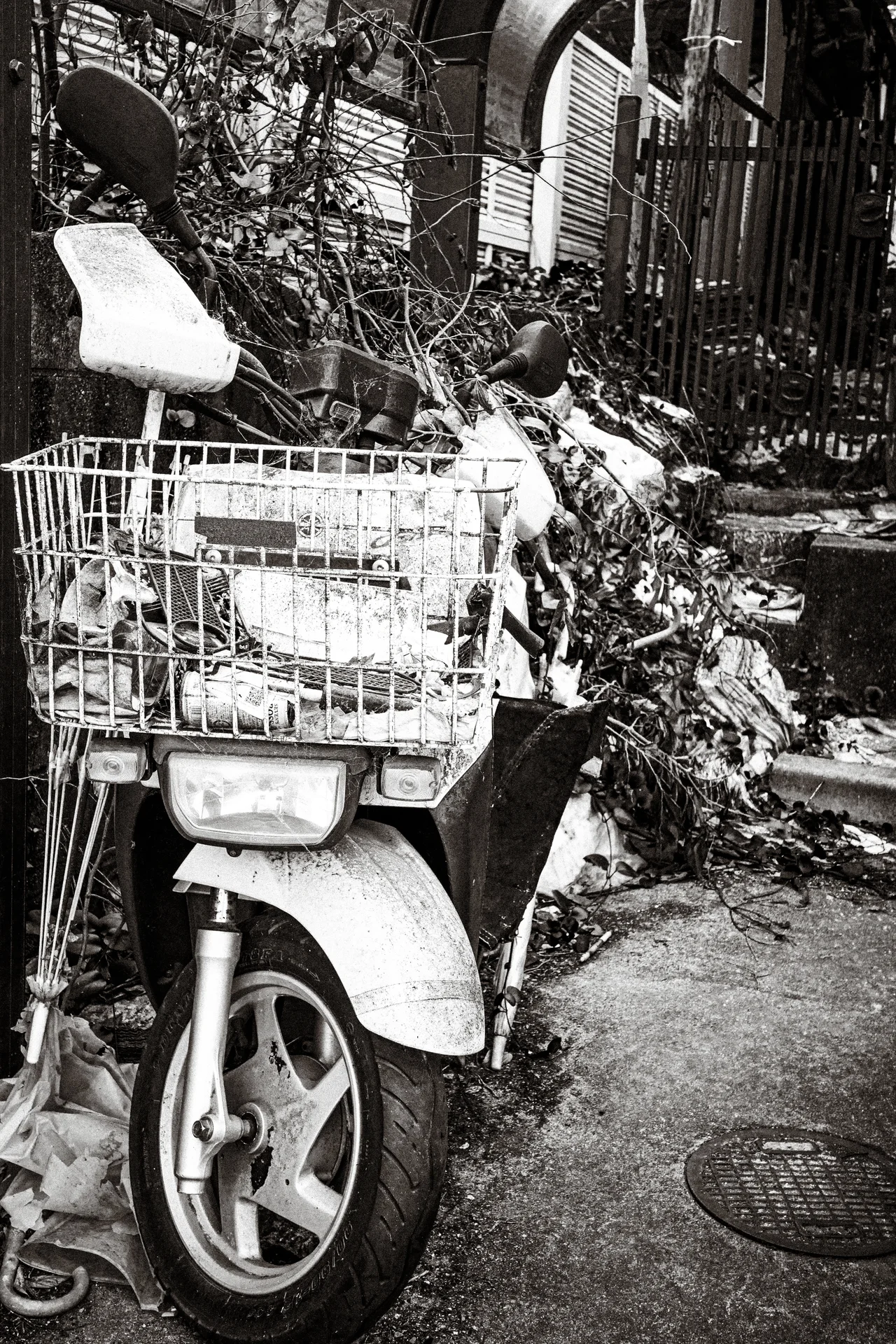 A white scooter with a wire basket stands among weeds beside a building in black and white.