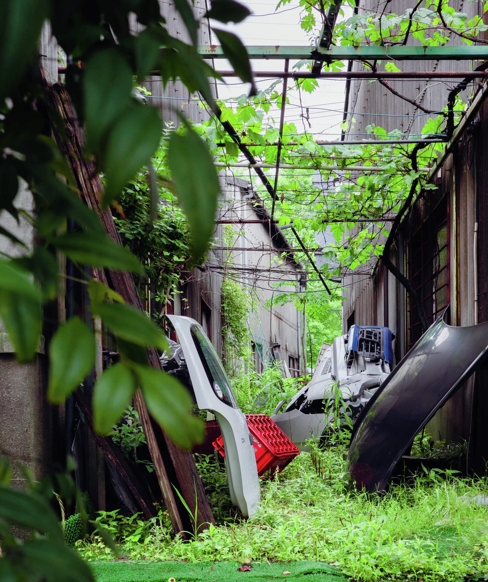 Discarded curved panels and a red object lie in a narrow overgrown industrial passage.