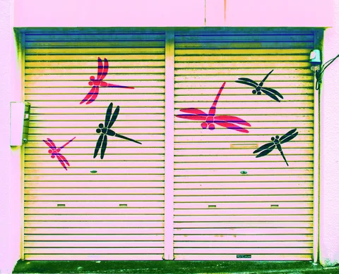 Painted red and dark dragonflies scatter across two closed pale yellow shutters framed by pink walls.