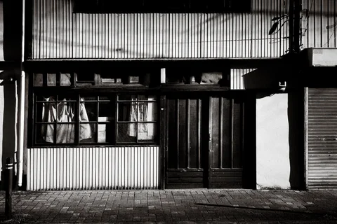 Curtained windows and wooden double doors interrupt a corrugated storefront above brick paving in black and white.