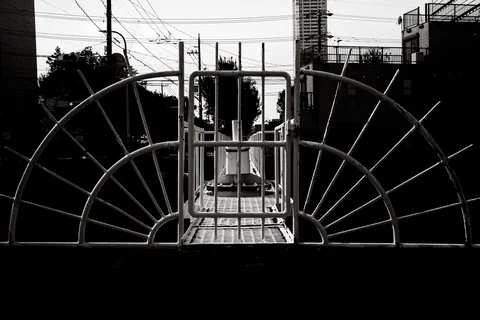 A semicircular metal framework surrounds a narrow central platform against a street lined with utility poles.