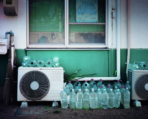 Clear water bottles line the ground and air conditioners beneath a window on a turquoise and white wall.