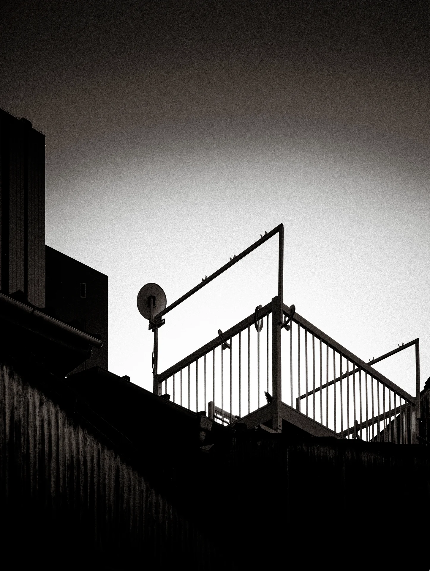 A rooftop railing and small satellite dish silhouette against a pale monochrome sky.