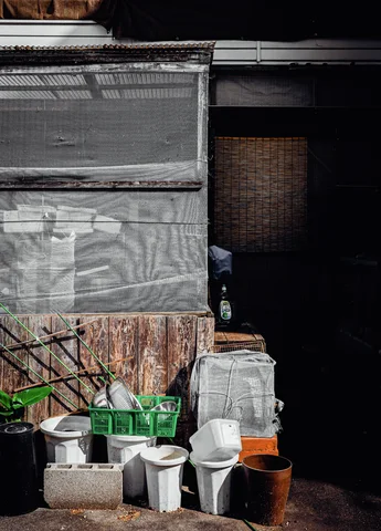 Buckets, a green crate, and concrete blocks cluster against weathered wooden boards beside a dark doorway.
